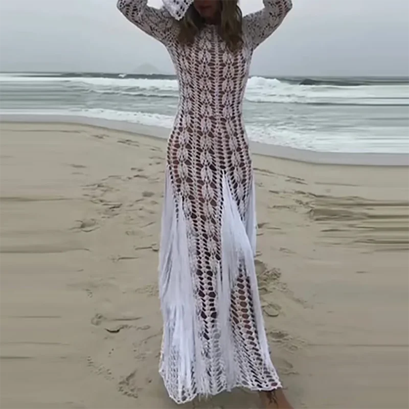 Fashion Fringe Patchwork Slim Long Robe Dress Beach Holiday Hollow Knitted Women's Dress 2025 Casual Summer Long Sleeved Dresses
