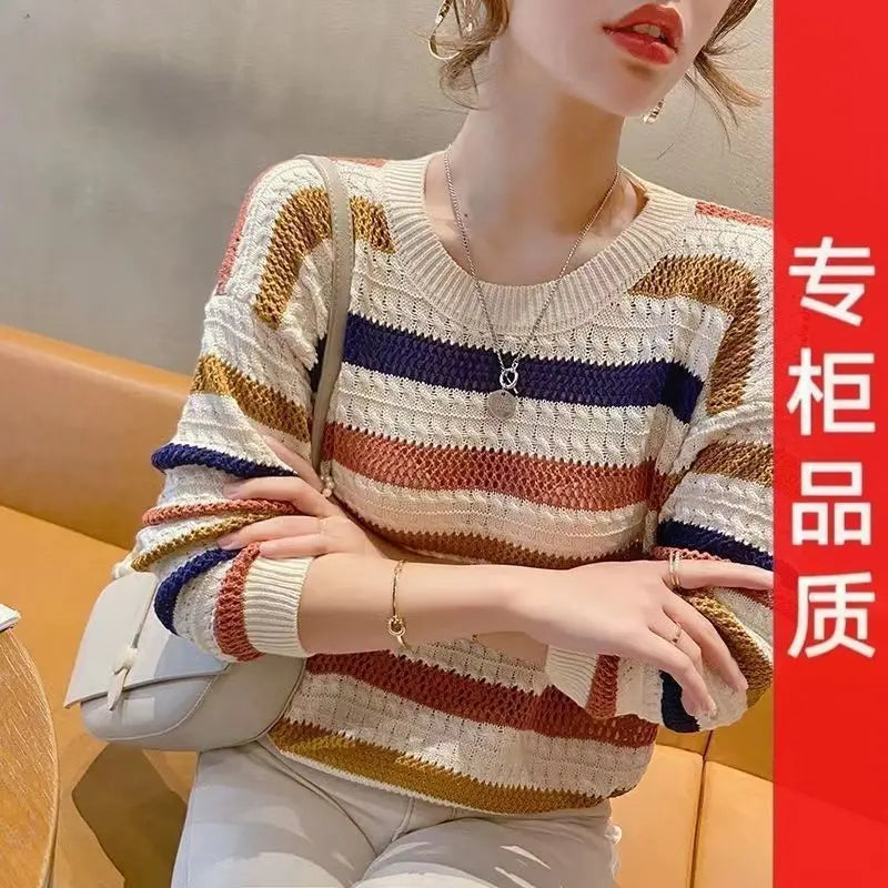 Hollow Striped Cropped Knit Top for Women