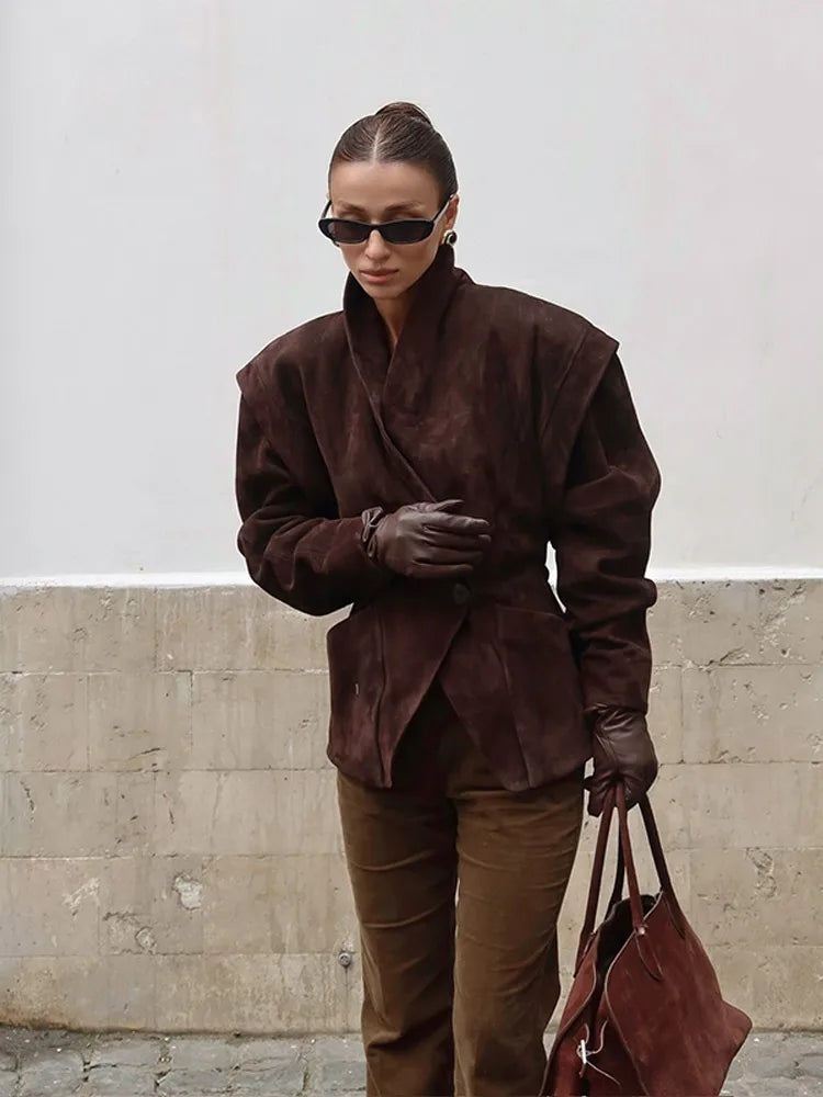 Brown Single Breasted Suede Jacket Women's Fashion