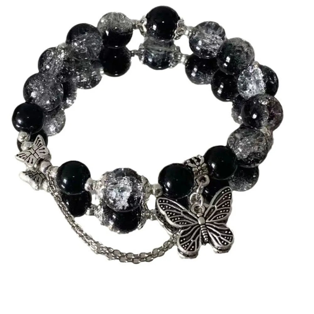 Black Beaded Butterfly Pendant Bracelet