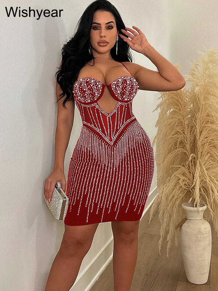 Elegant Evening Birthday Party Dresses for Women Halter Neck Mesh Patchwork Diamonds Rhinestones Prom Club Bodycon Midi Vestidos