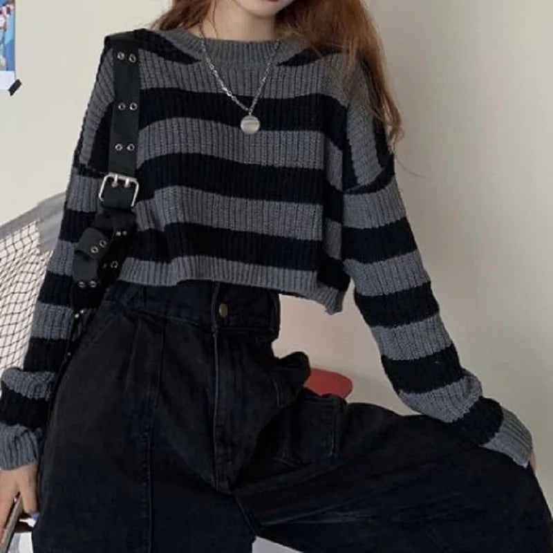 Korean Style Striped Cropped Sweater for Women