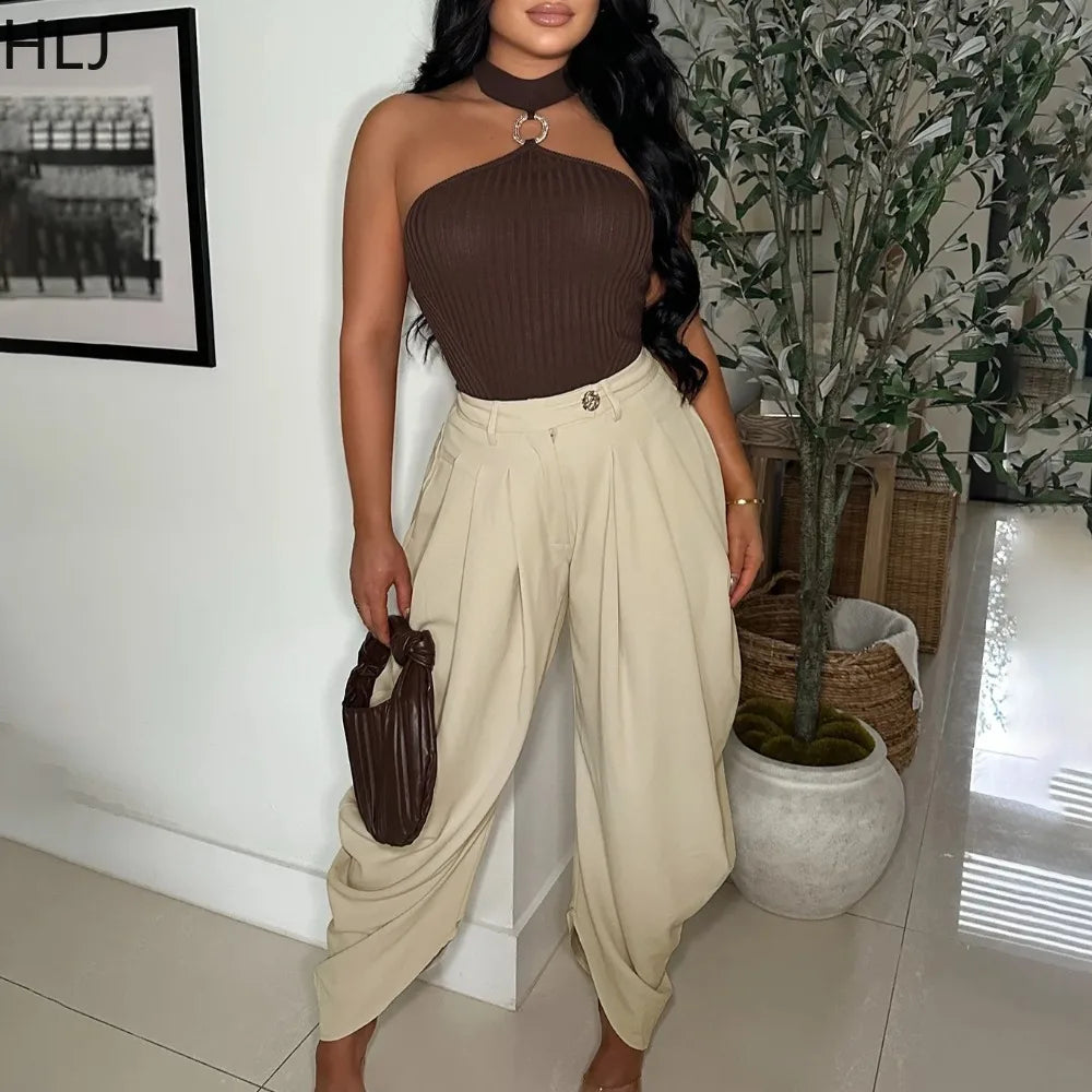 HLJ Fashion Loose Flower Bud Pants Women Solid Color Ruched Patchwork High Waist Long Pants Female Streetwear Trousers 2025 New