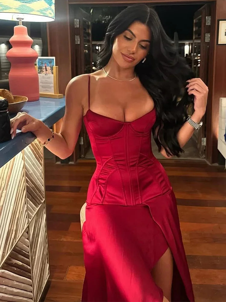 Spaghetti Strap Elegant Women Red Satin Dress