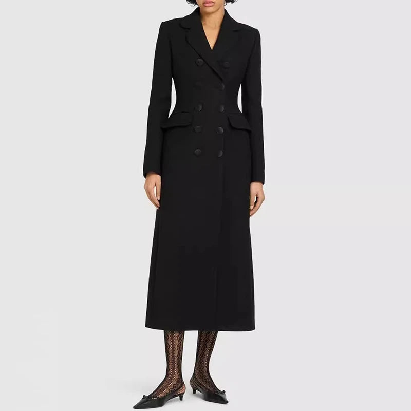 DEAT Fashion Black X-long Blazer Women's Lapel Slim Fit Double Breasted Full Sleeves Suit Jacket Autumn New