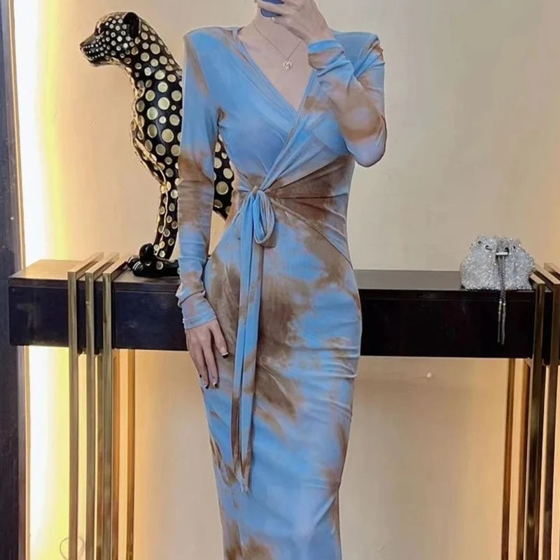 Spring Autumn Elegant Dress Sets Women V-neck Fashion Long Sleeve