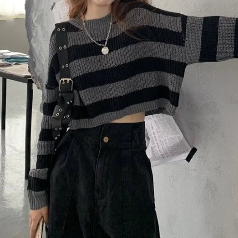 Korean Style Striped Cropped Sweater for Women