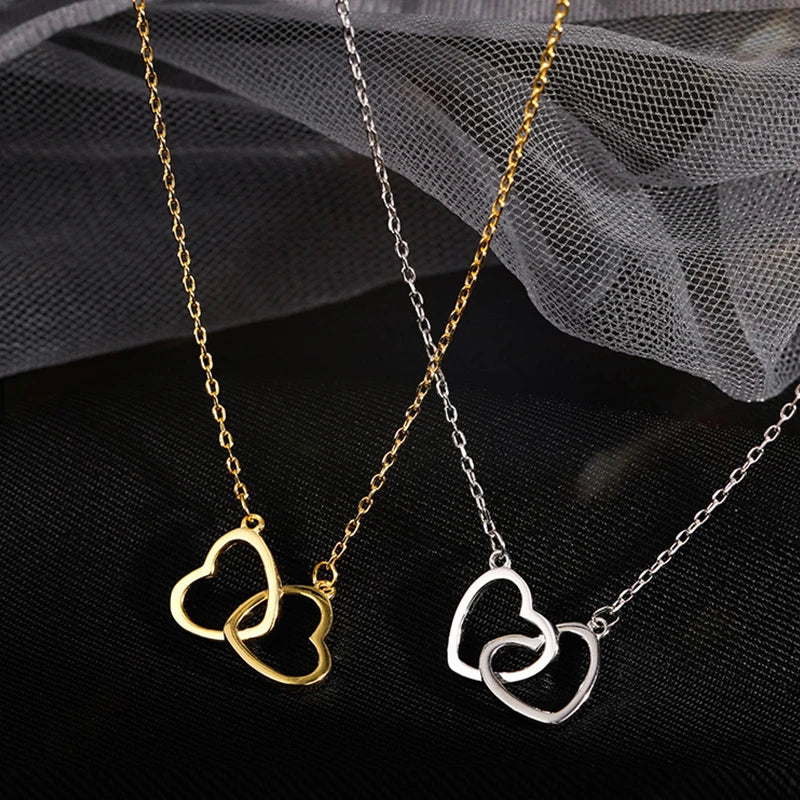 925 Sterling Silver Double Ring Heart Necklace