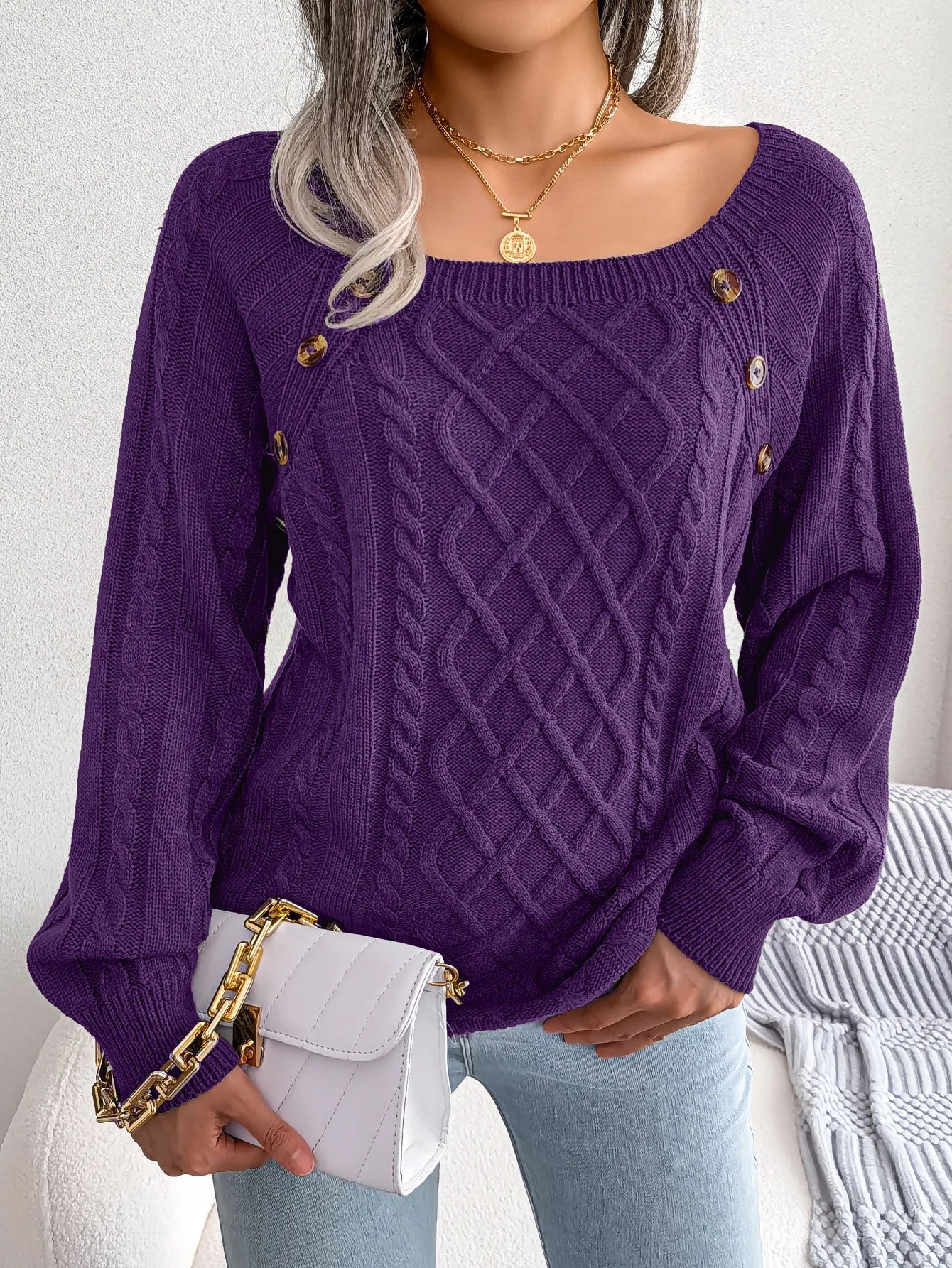 Casual Square Collar Knitted Sweater for Women