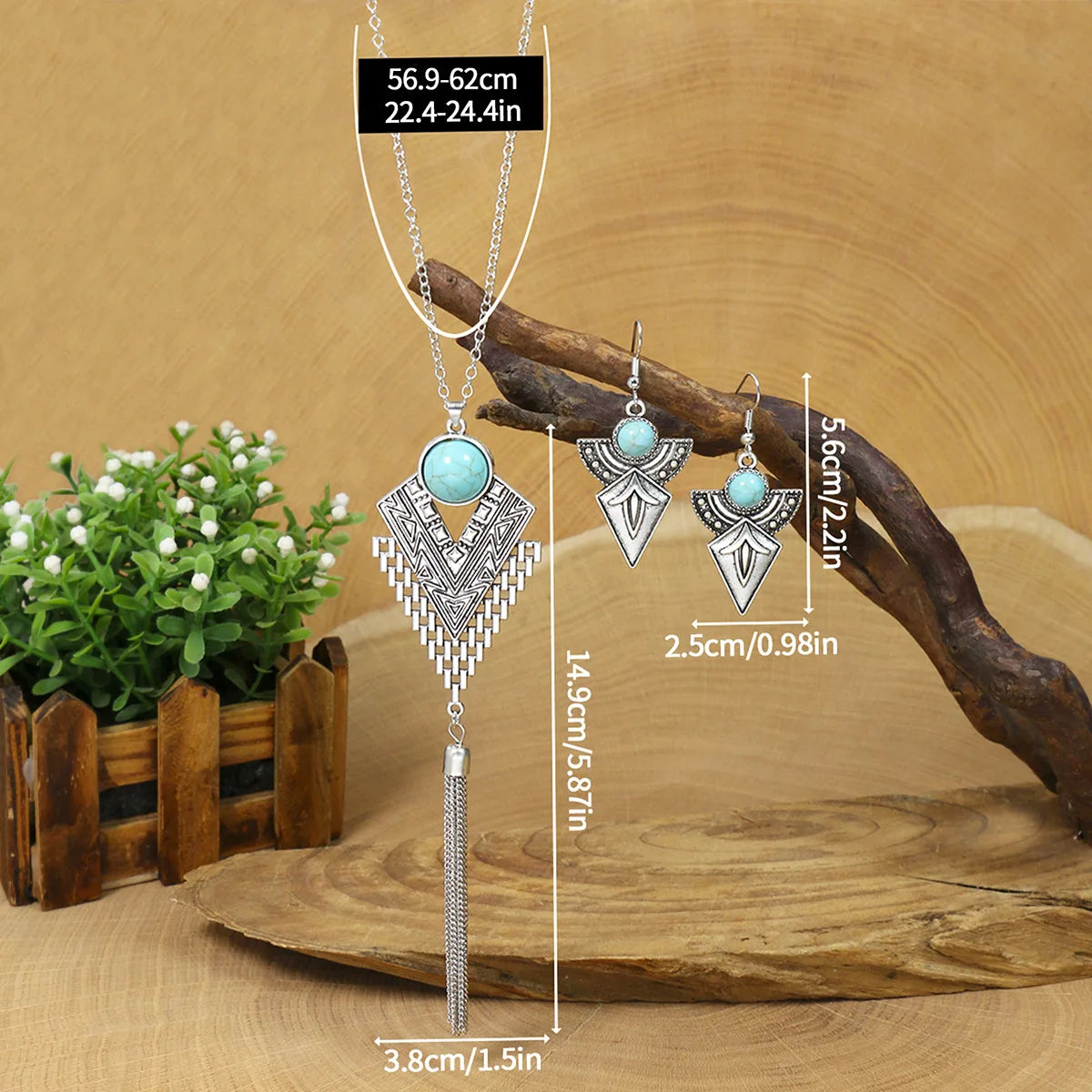 Ethnic Blue Stone Tassel Necklace & Earrings Set