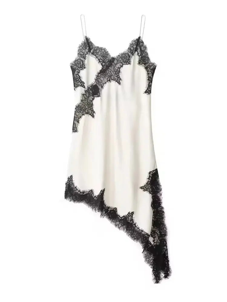 Women Lace Satin Dress Asymmetrical Lace Hem Spaghetti Strap