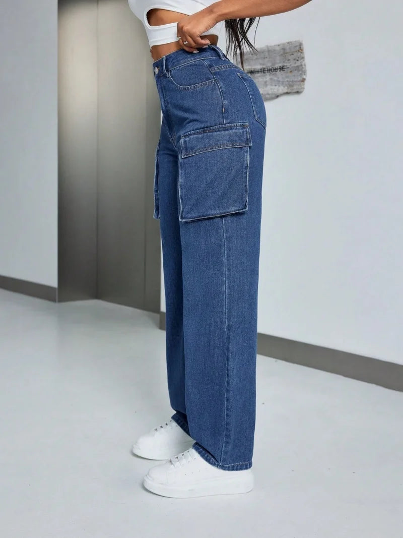 Streetwear Cargo Jeans Autumn Clothing Women High Waist Big Pockets Straight Jeans Female Casual Denim Trousers Basic Jean Pants