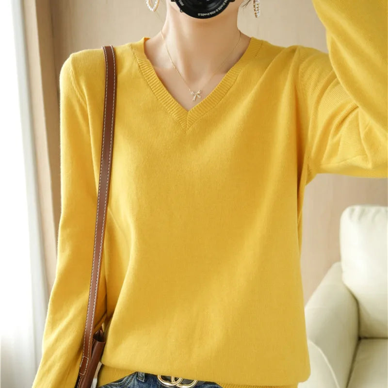 Peach V-Neck Knitted Sweater for Women