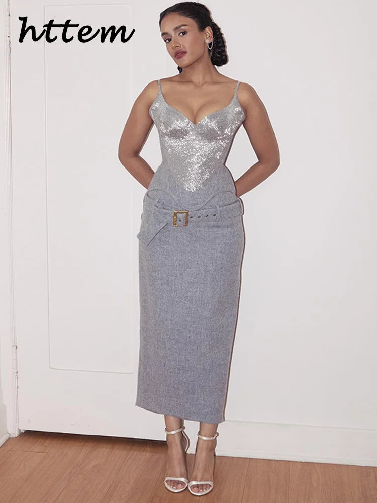 Sexy Sequined Patchwork Top Belt Skirt Set Women Waist