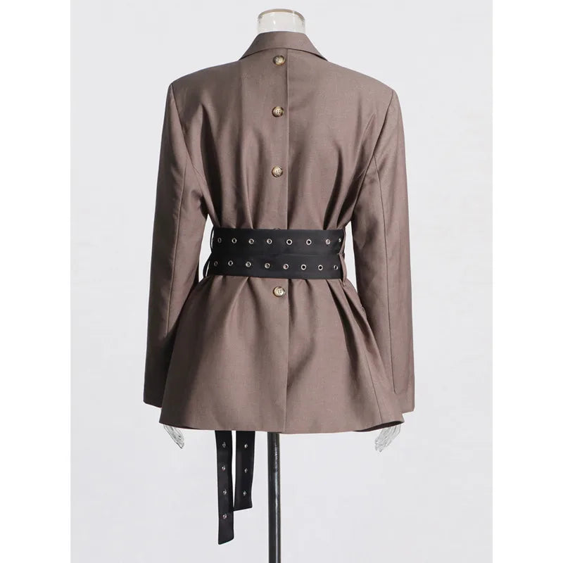 Solid Temperament Jacket Spliced Belt Blazer Women Notched Collar Long Sleeve Outerwear Patchwork Button Elegant Blazers Female