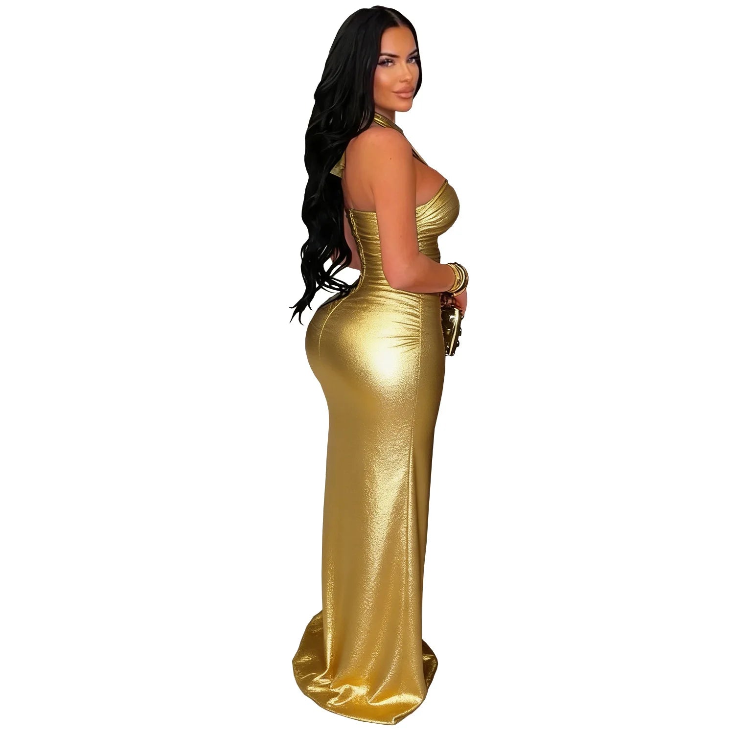 CM.YAYA Women Gilding Halter Strapless Ruched Bodycon Maxi Long Dress