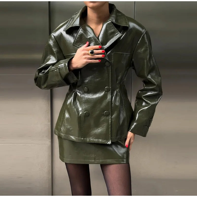 Fashion PU Leather Skirt Sets Women Lapel Long Sleeve