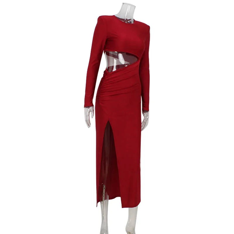 Ahagaga Sexy Women's Maxi Dresses Solid O-Neck Slim Fit Rgular Long Sleeves Hollow Out High Split Bodycon Party Vestidos Robes