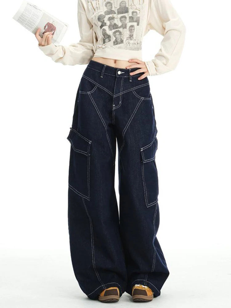 High Waist Multi Pocket Jeans Women 2025 New  Fashionable Solid Color Versatile Large Size Cargo Pants