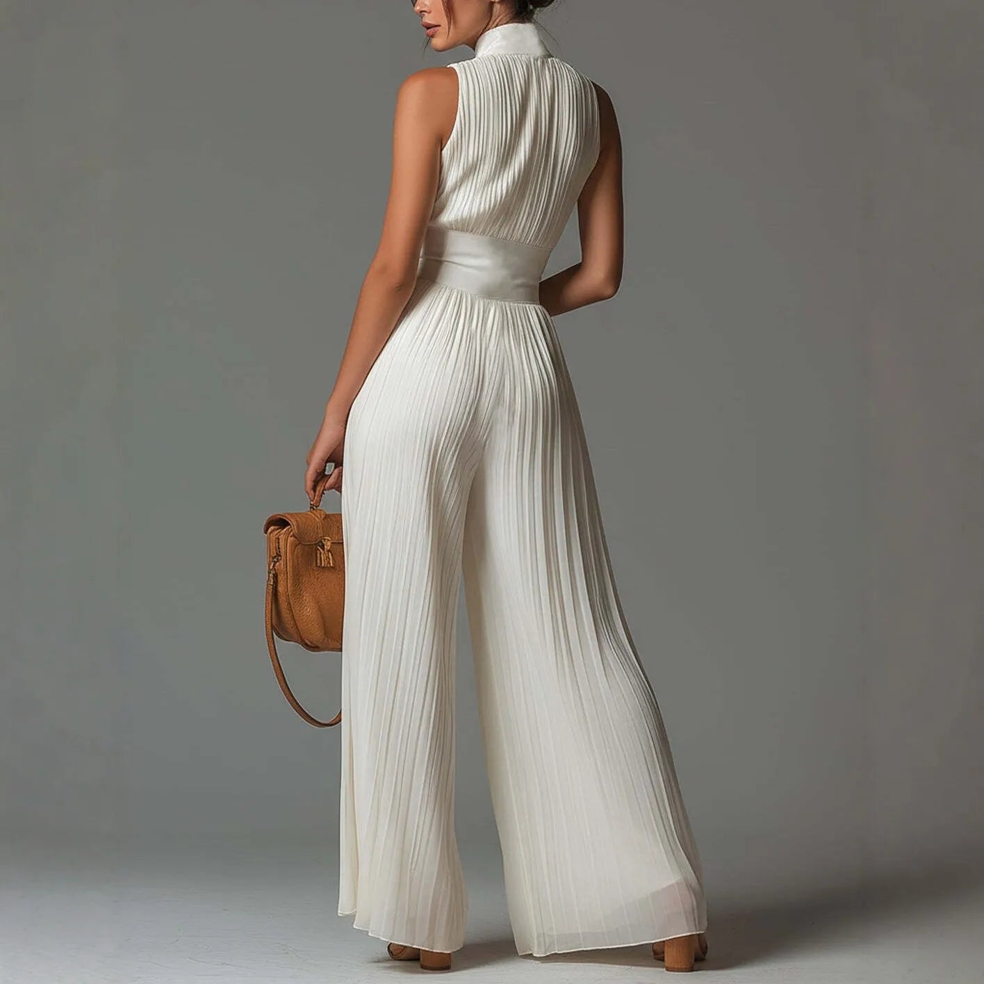 Spring Summer Women White Ruched Halter Jumpsuit