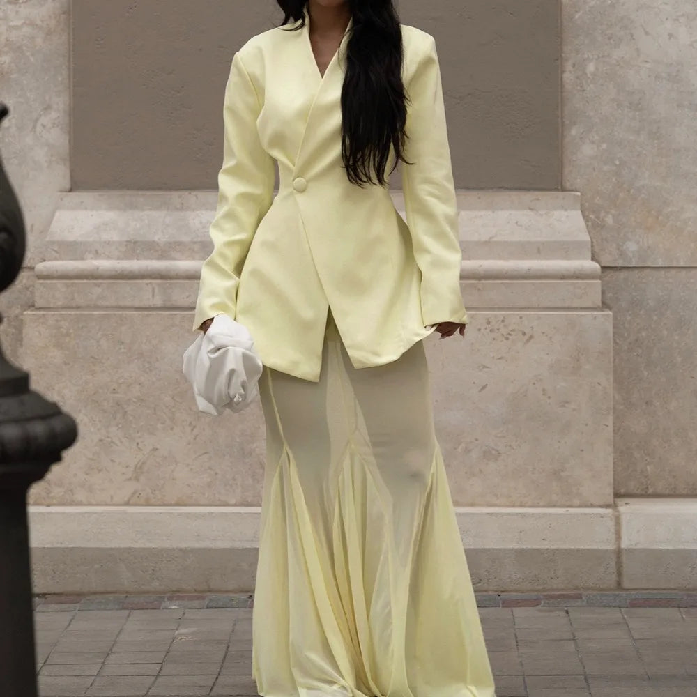 FAGADOER Autumn New Fashion Woman 2 Piece Set Outfit Solid Color Deep V-Neck Jacket and  + Mesh Skirt Matching Female Streetwear