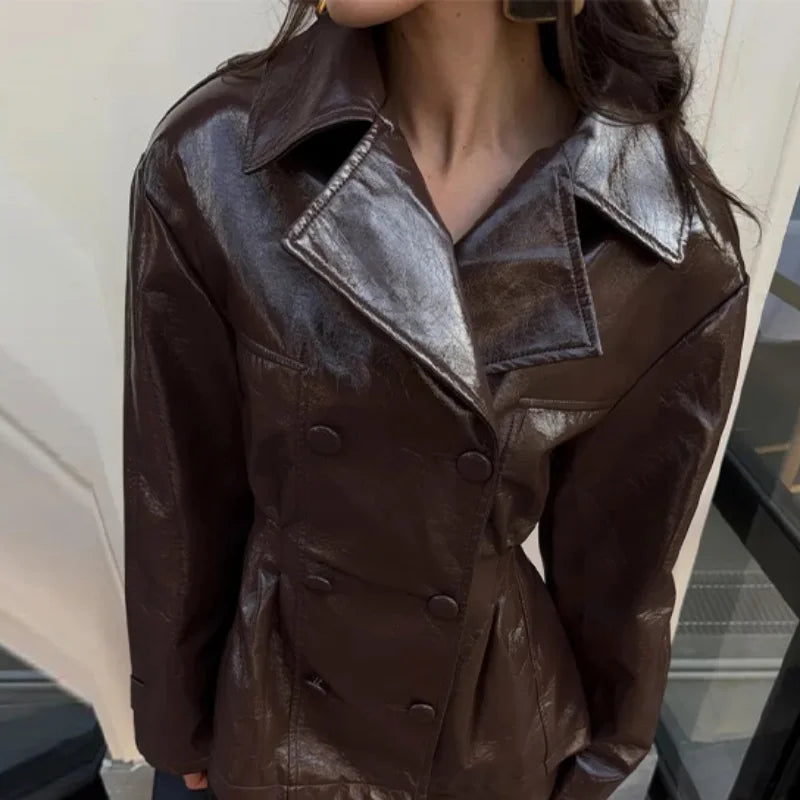Fashion PU Leather Skirt Sets Women Lapel Long Sleeve