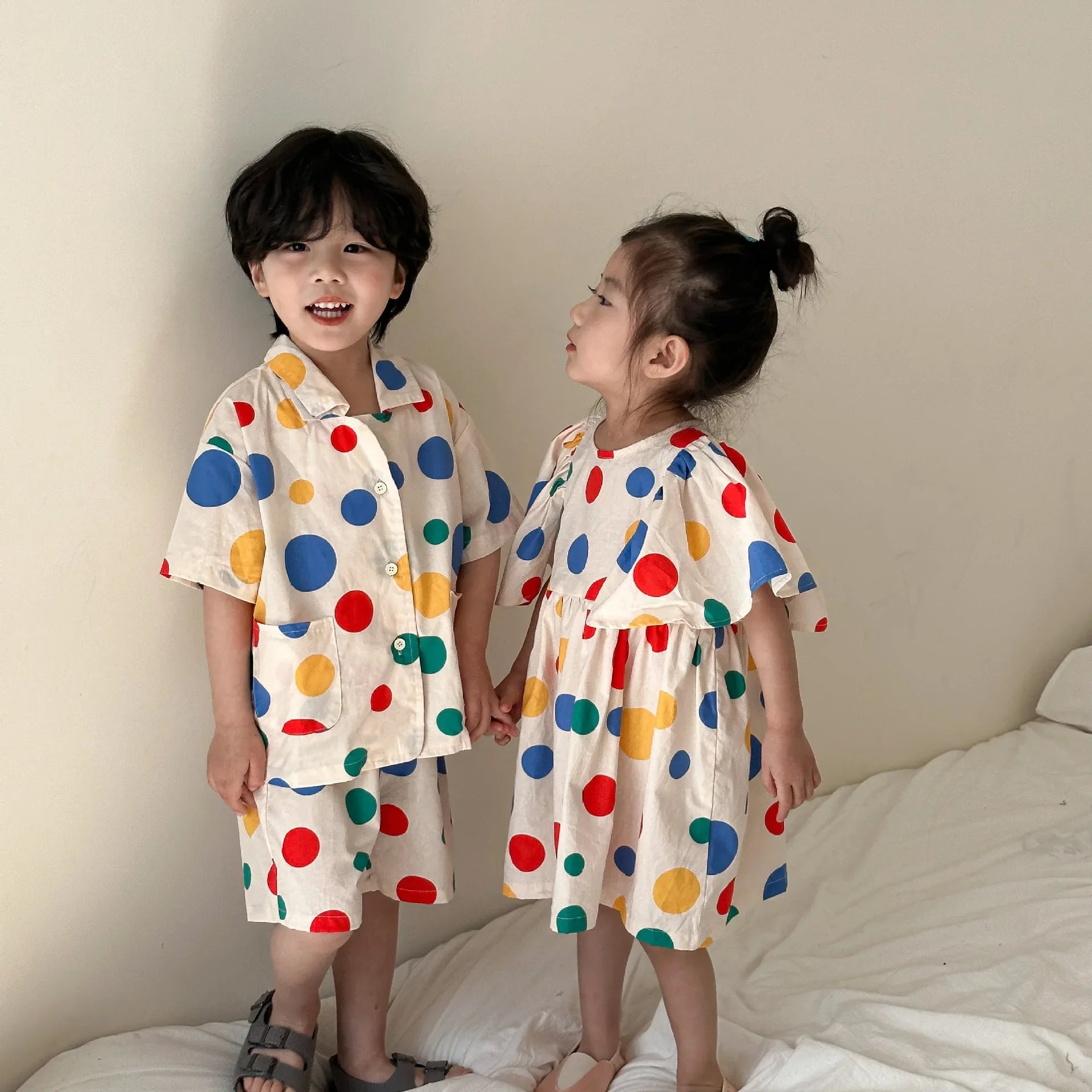 Brother-Sister Polka Dot Dress & Suit Set