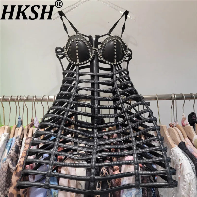 HKSH Women Ins Sexy PU Leather Dress Strap Studded Diamonds