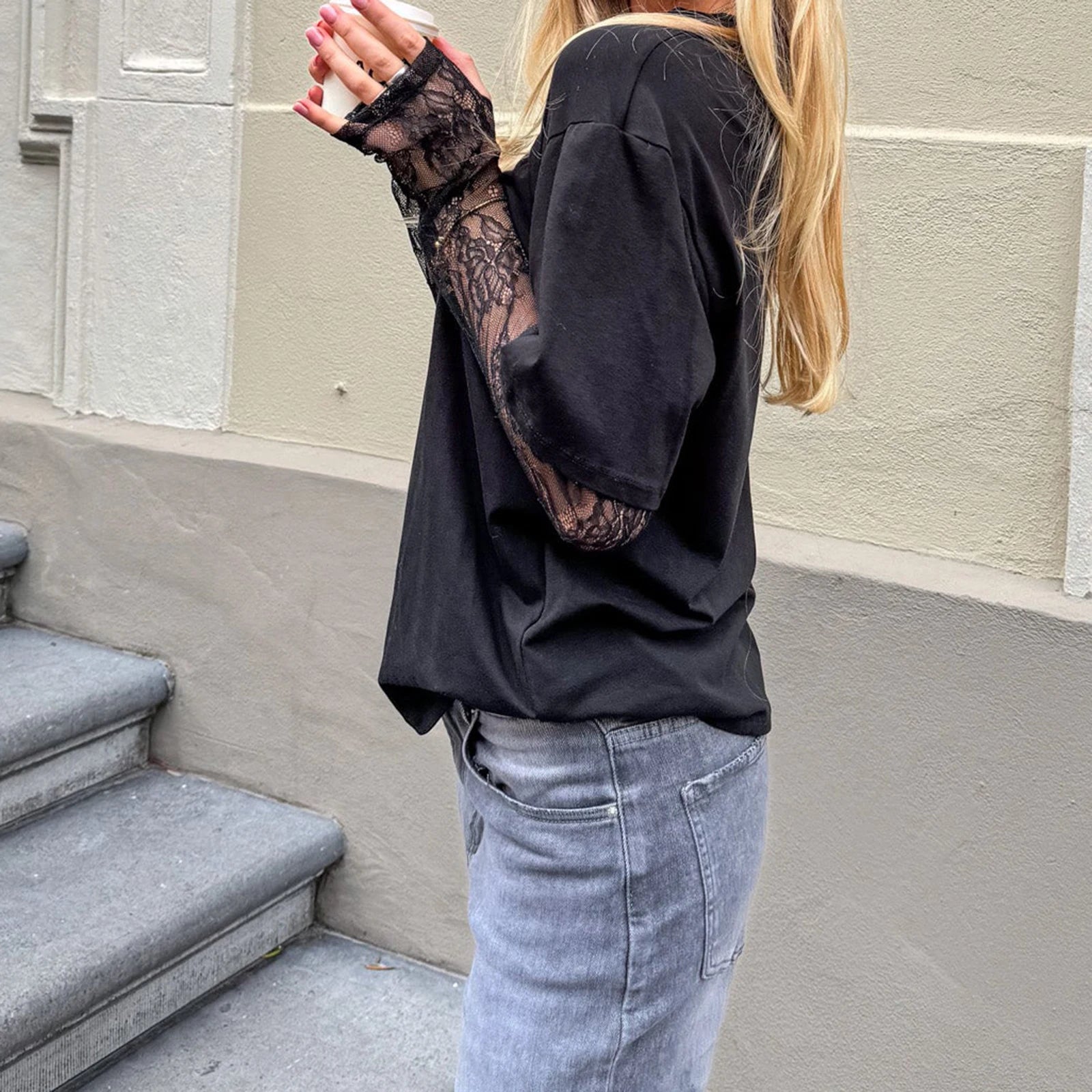 Women Round Neck T-Shirts Lace Long Sleeve Casual Shirts Spring Fall Loose Fit Tops Streetwear