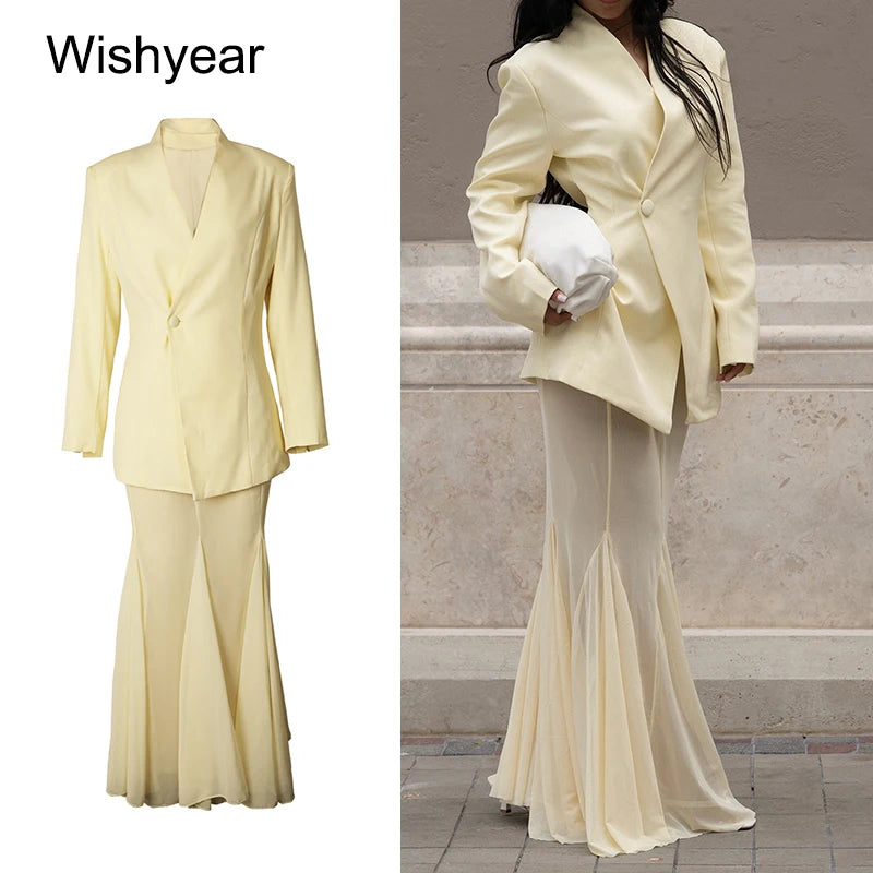 Elegant 2-Piece Office Dress Set for Women Apricot Blazer Coat Mesh Long Skirt Outfit Fashion Birthday Evening Party Guest Wear