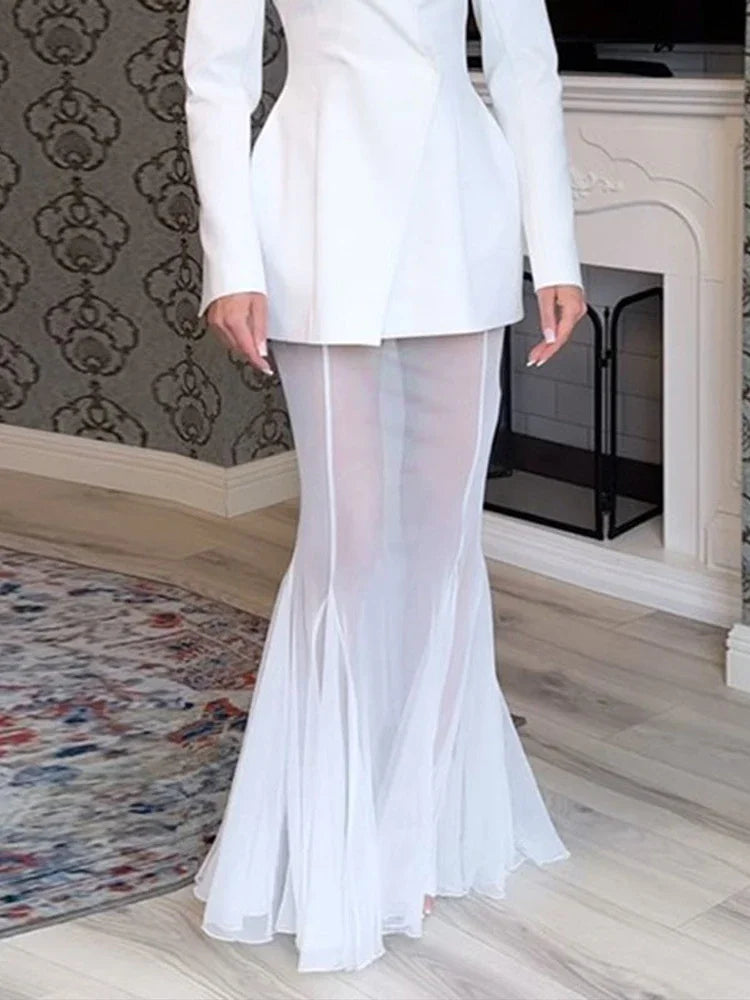 Blazer Skirt Set Women Solid One Button Suit Coat Pleated See Through Fishtail Skirts Outfit  Spring Elegant Lady Party Suit