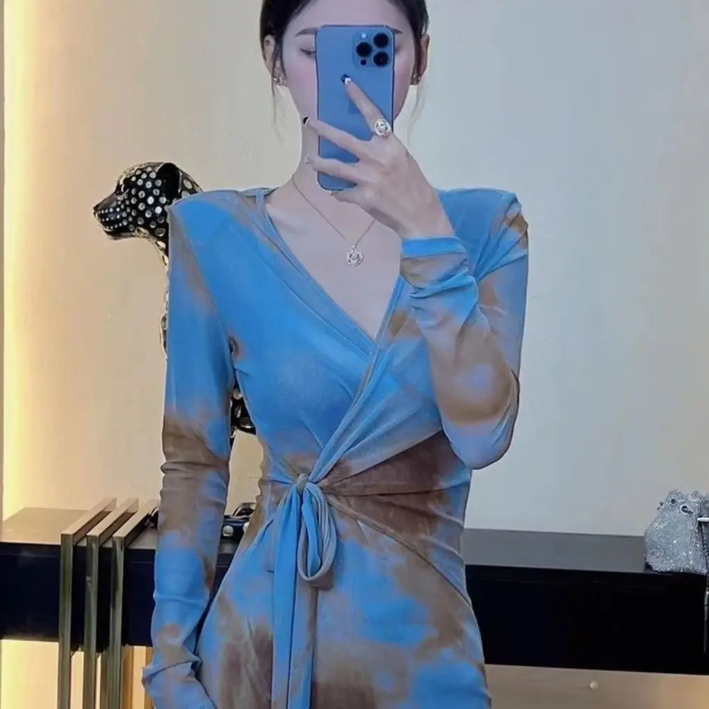 Spring Autumn Elegant Dress Sets Women V-neck Fashion Long Sleeve