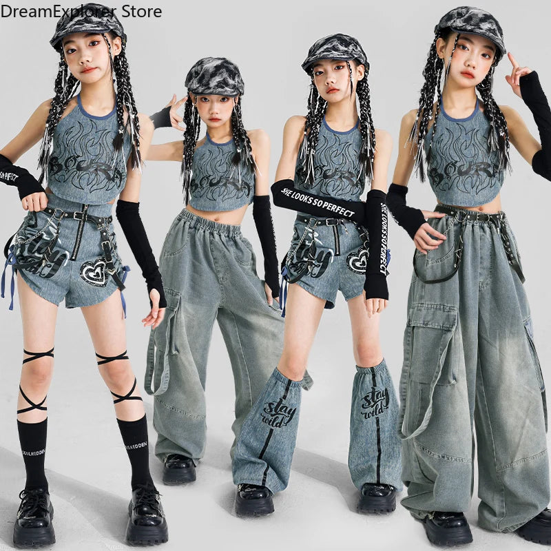 K-pop Girls' Denim Crop Top & Cargo Jeans Set