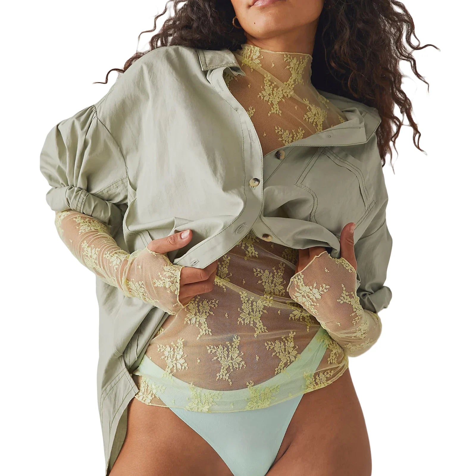 Sexy Sheer Mesh Long Sleeve Crop Top for Women Mock Neck Floral Lace Tshirt Fairy Coquette See Through Tees Blouse Cover-ups