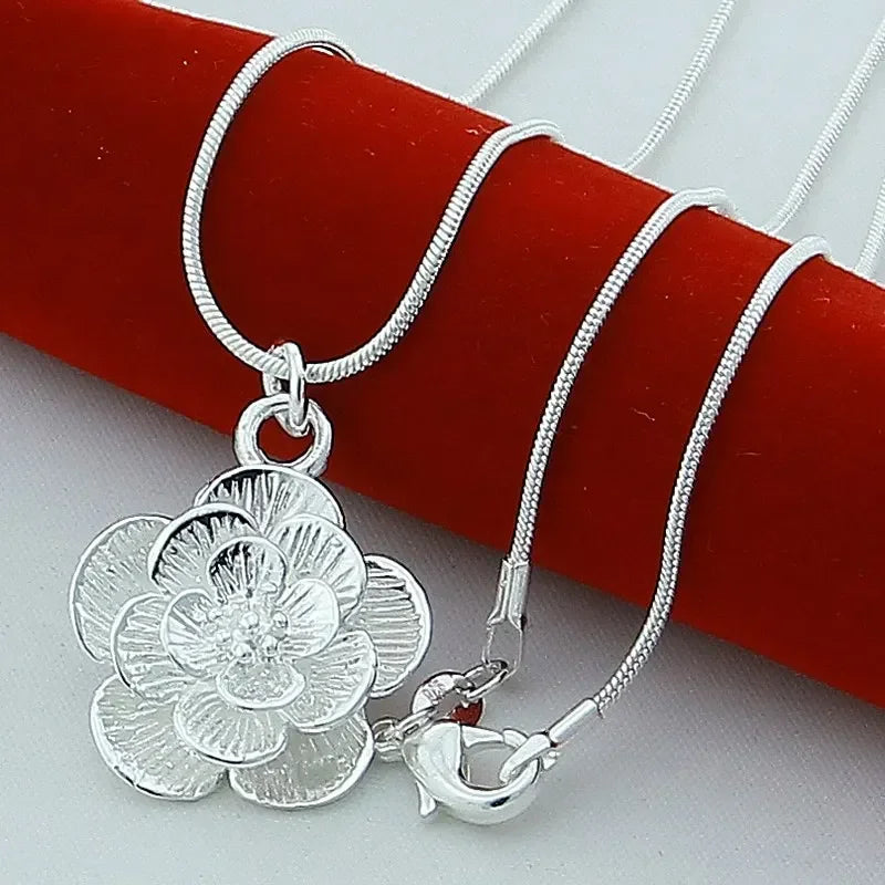 925 Sterling Silver Rose Flower Pendant Necklace