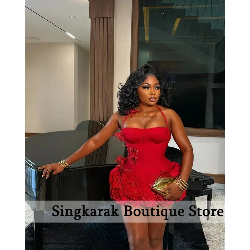 Red Birthday Dresses Baddie Black Girl Halter Neck Mini Prom Dresses Sweertheart Ruffles Wedding Party Dress Customized