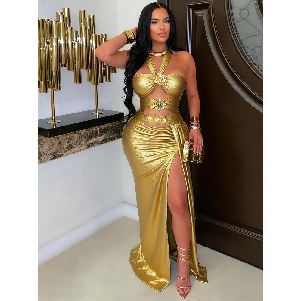 CM.YAYA Women Gilding Halter Strapless Ruched Bodycon Maxi Long Dress