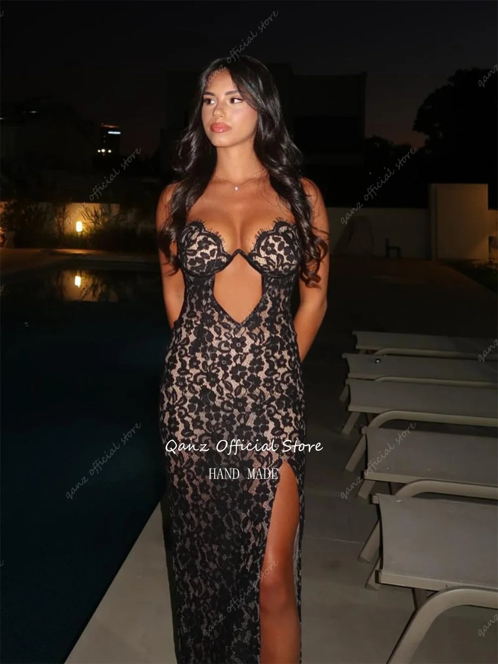 Qanz Black Chic Lace Appliques Prom Dresses Sweetheart Sexy High Leg Slit Evening Dress Women Vestidos De Gala Customized