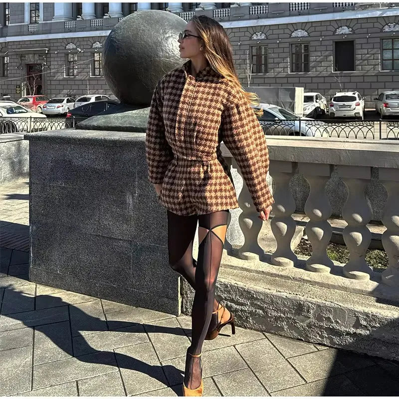 2025 Spring Retro Plaid Women Sets Casual Chic Full Sleeve