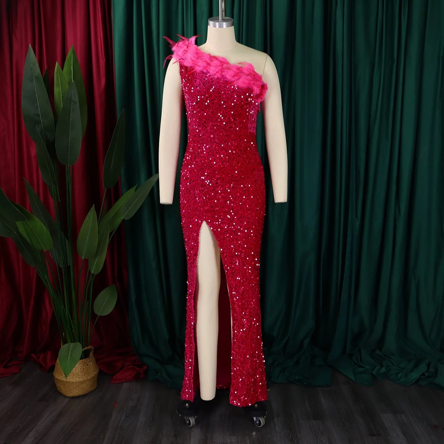 Sexy Dresses for Woman One Shoulder Sequined Feather Side Split Floor Length Elegant Evening Night Party Birthday Vestidos Mujer