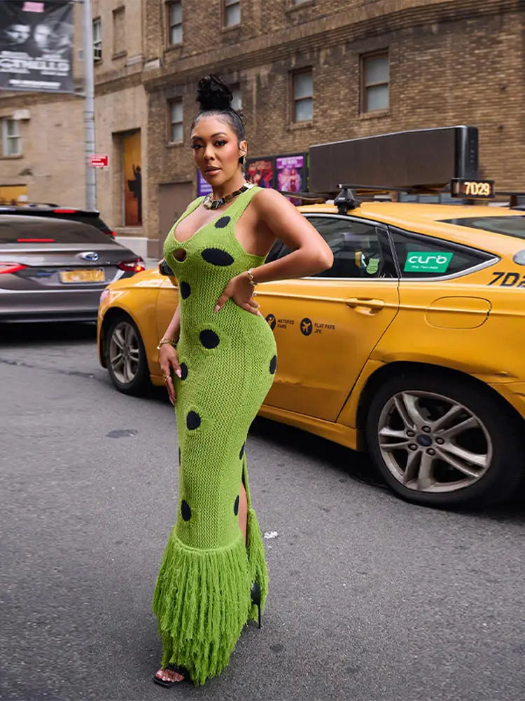Women Sexy See Through Knitted Maxi Dress Hollow Out Deep Neck Pot Robes Tassel Hem Fork Party Vestidos 2025 New Lady Club Gown
