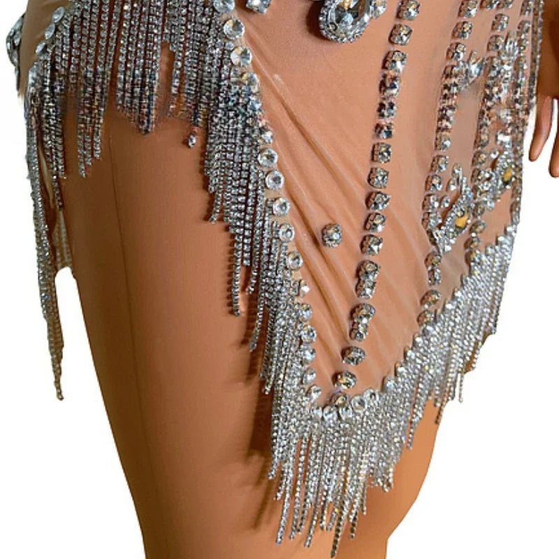 Club Party Luxury Ladies Dress Party Dresses Sexy Glamour Suspender Rhinestone Tassel Translucent Diamond Dress