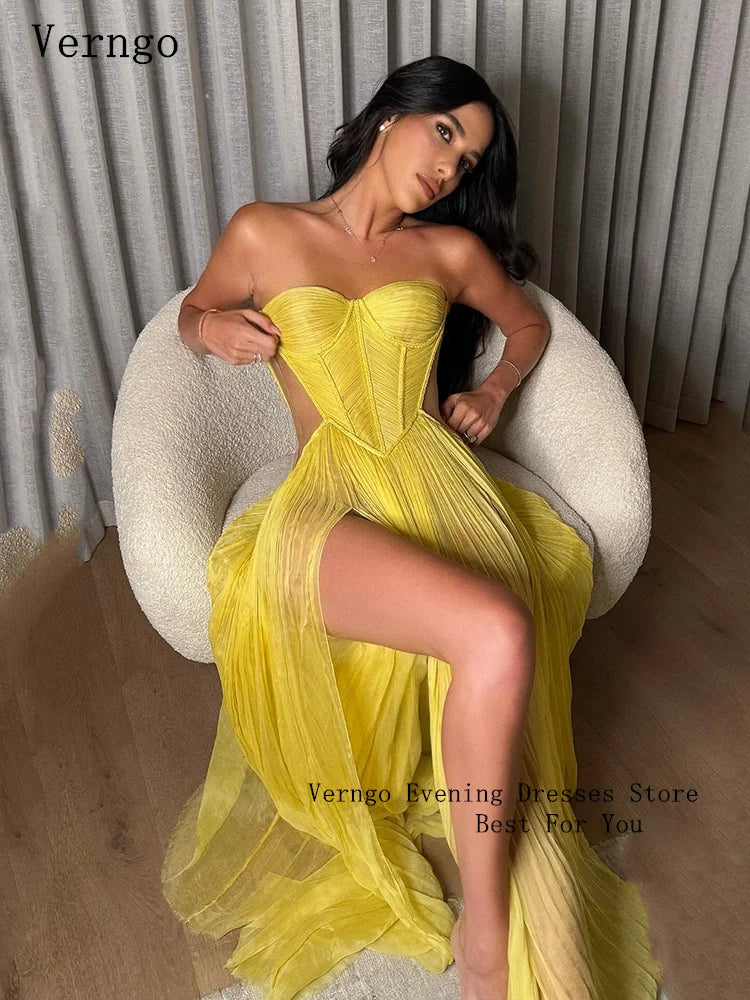 Verngo Yellow Chiffon Evening Dress Sweetheart