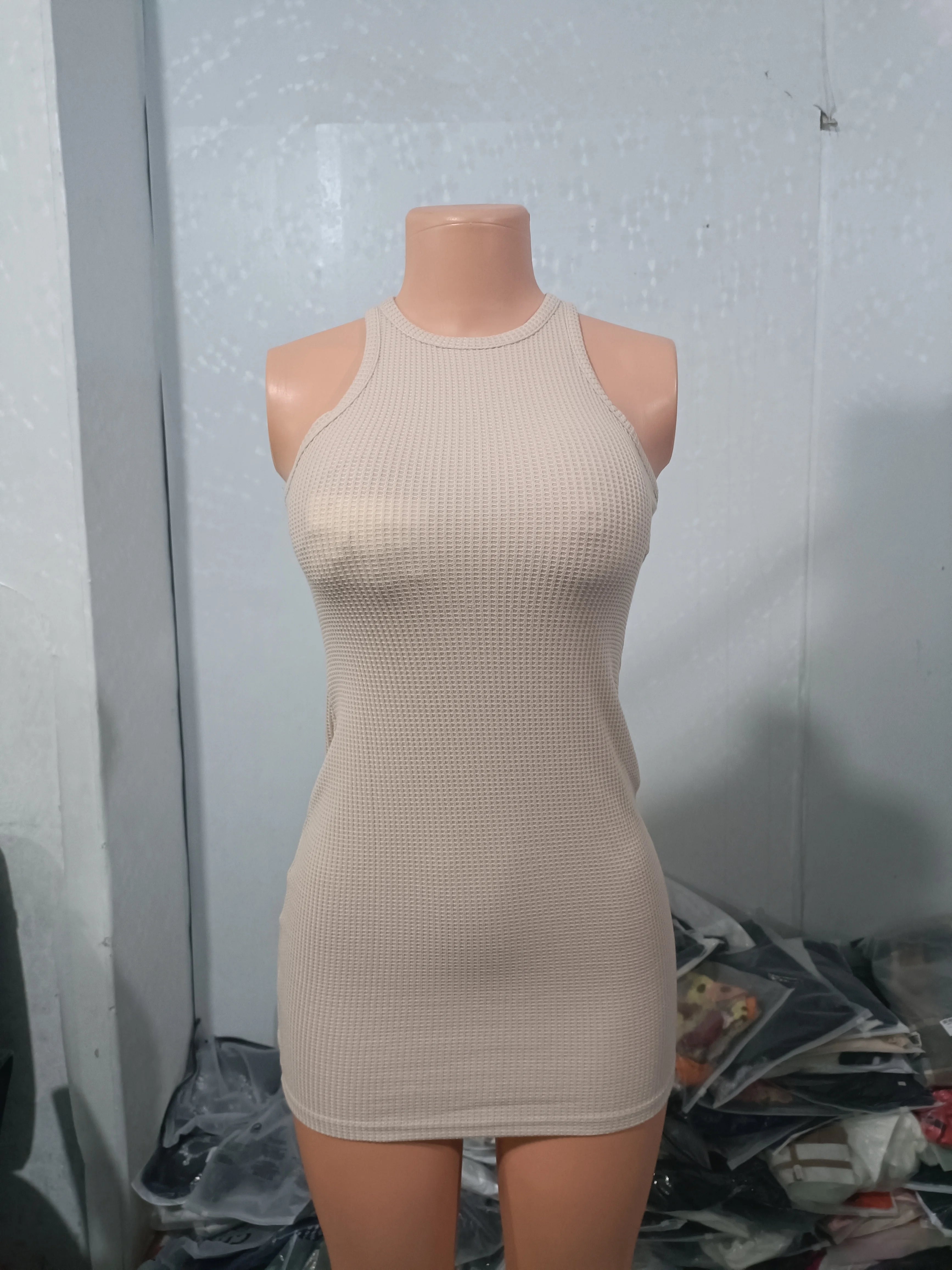 Sexy Dresses for Women 2023 Summer Vestidos Fashion New Sleeveless O-neck Keyhole Back Textured Mini Skinny Solid Color Dress