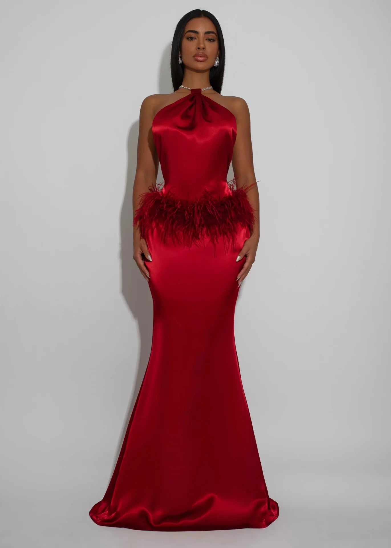Sexy Satin Mermaid Evening Gown Halter Neck Beaded Knot Feather