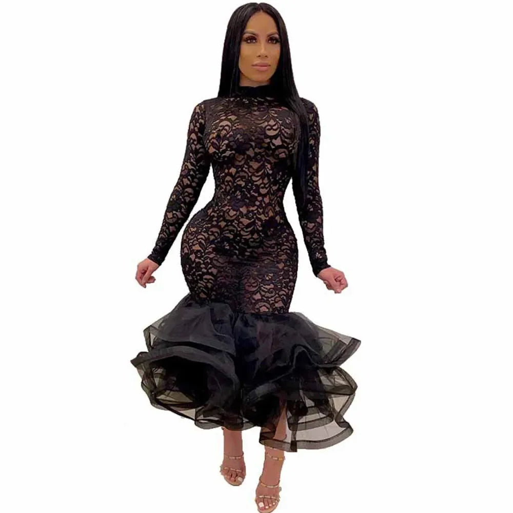 Sexy Night Party Wedding Evening Lace Dress Women See-through Hollow Out Cascading Ruffle Mermaid Bodycon Midi Dress Vestidos