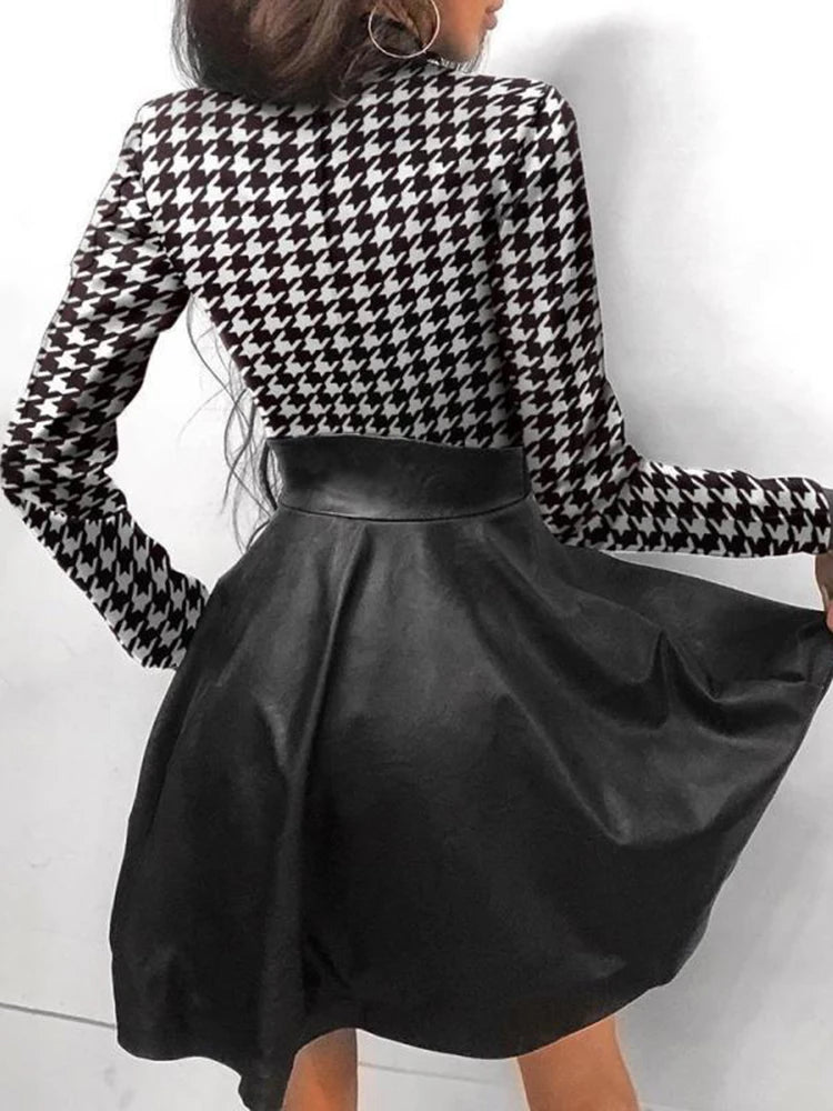 Faux Leather Dress Women Sexy Lace Mini Dress