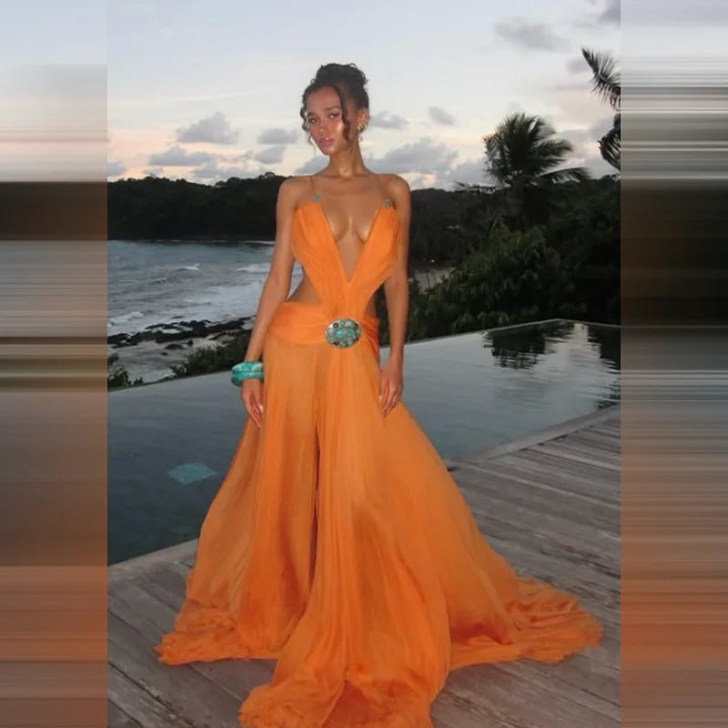 Formal Party Vestido New Luxury Orange Chiffon Evening Gown