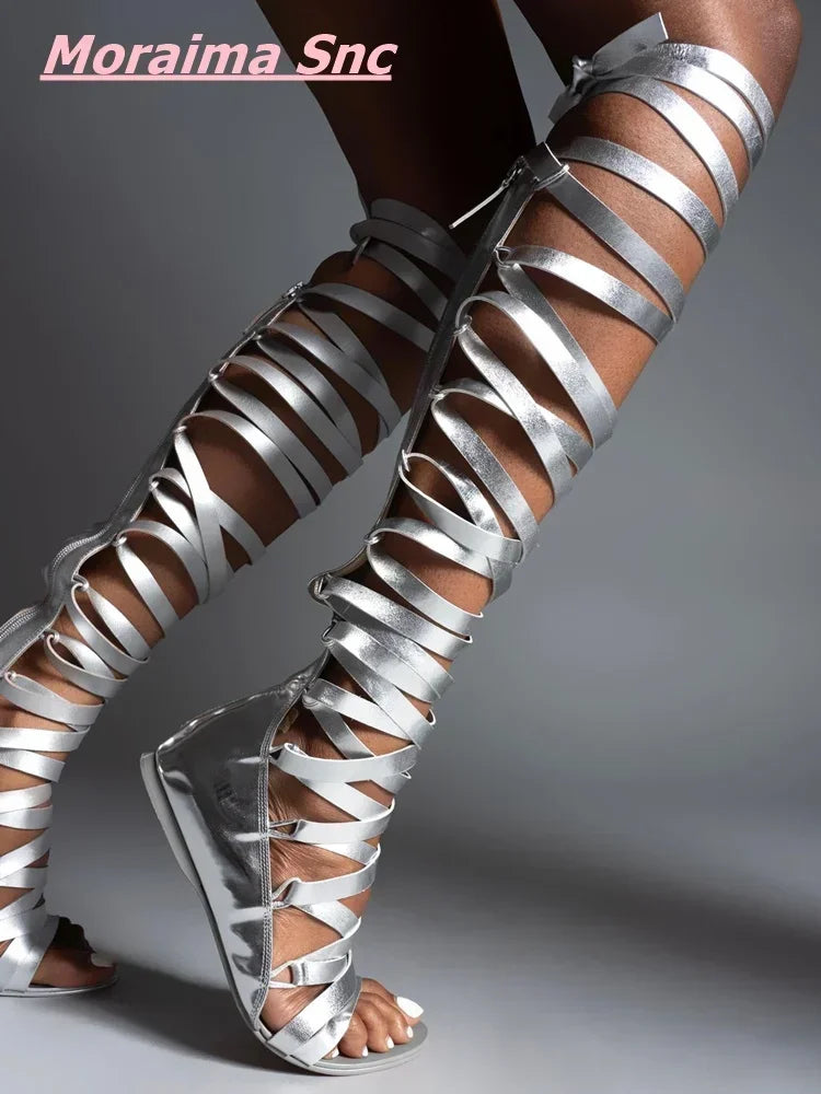 Summer New Knee High Leather Sandal Boots Women Sexy Greek Flat Rear Thin Straps