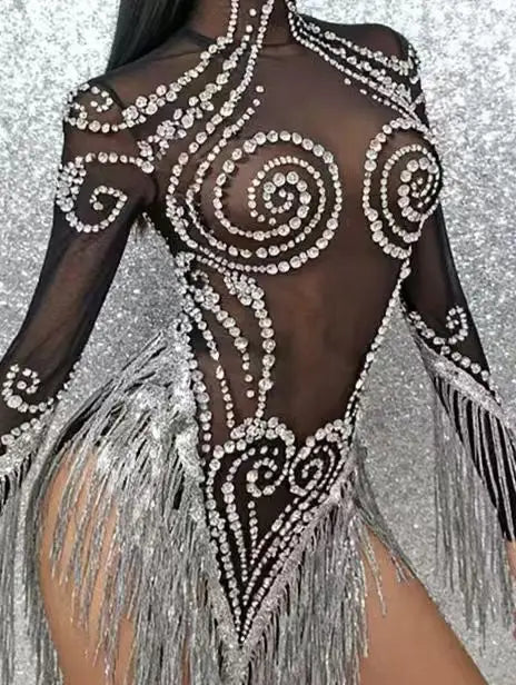 Sparkly Rhinestones Tassels Birthday Celebrate Evening Dress